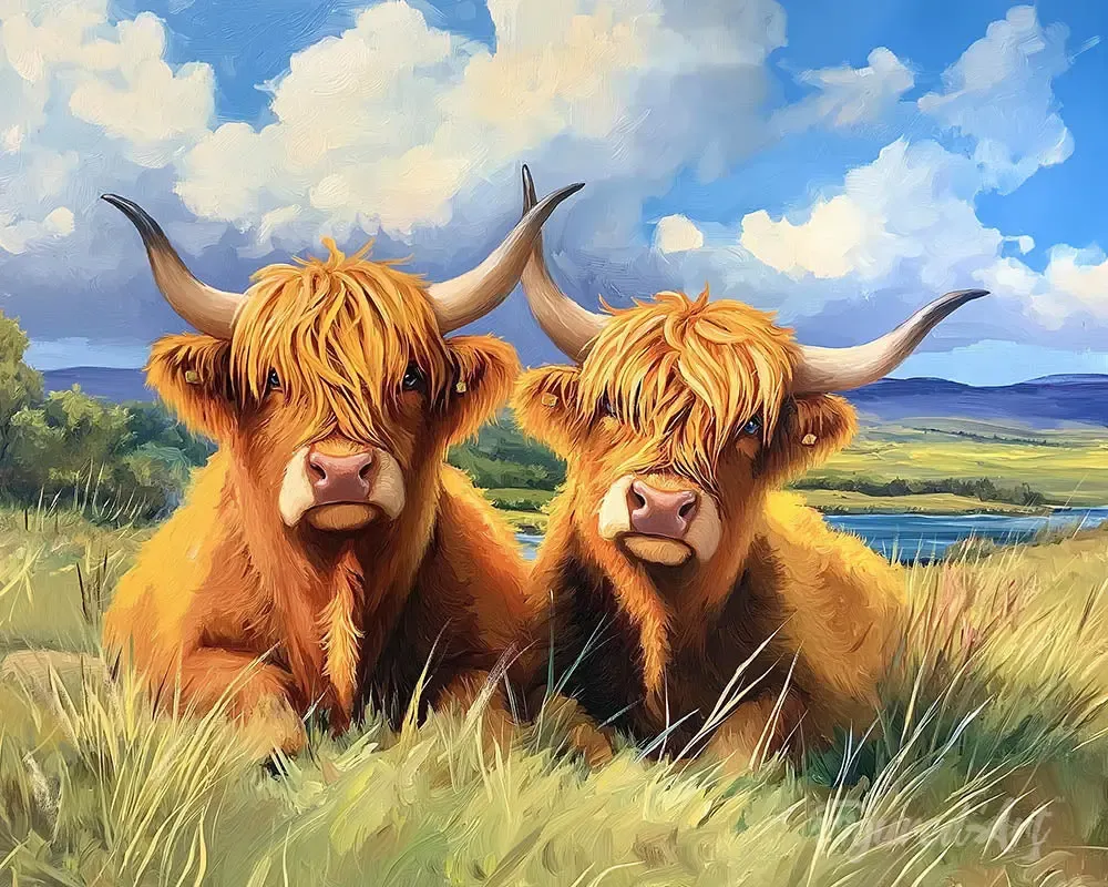 Broderie diamant Vache Highland et champ doré