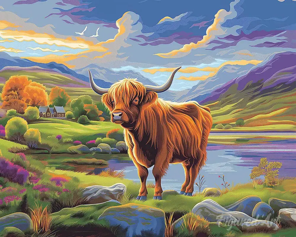 Broderie diamant Vache Highland et ciel lumineux