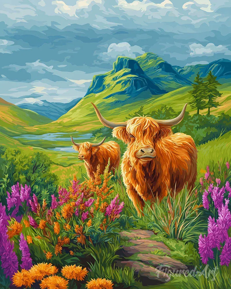 Broderie diamant vache Highland et collines fleuries - Mille Facettes