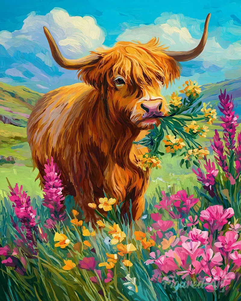 Broderie diamant vache Highland dans une féerie de fleurs sauvages