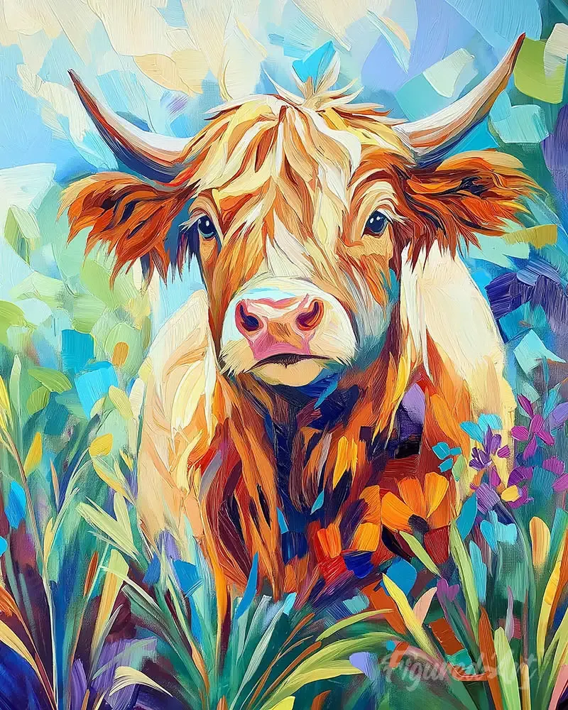 Broderie diamant Vache Highland et fleurs - Paysage bucolique