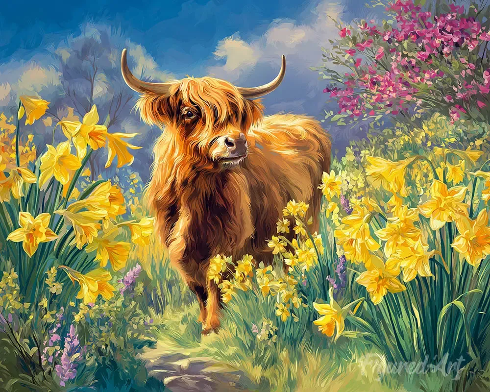 Broderie diamant Vache Highland et jonquilles