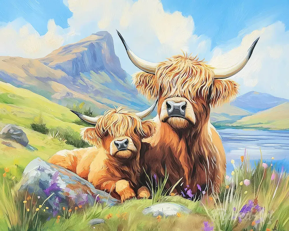Broderie diamant Vache Highland et son petit
