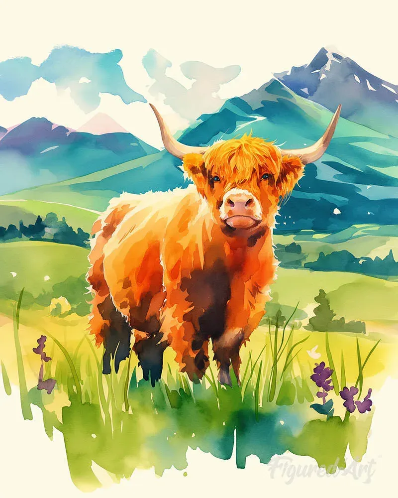 Broderie diamant Vache Highland et vallée pastel