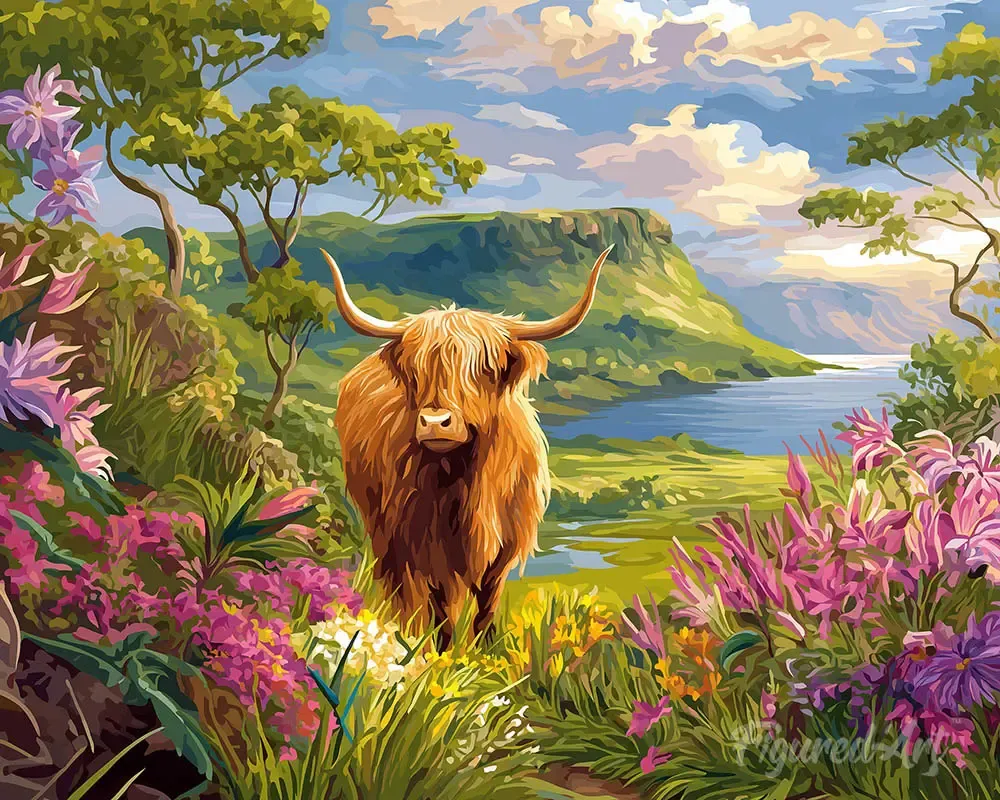 Broderie diamant vache Highland dans une vallée printanière