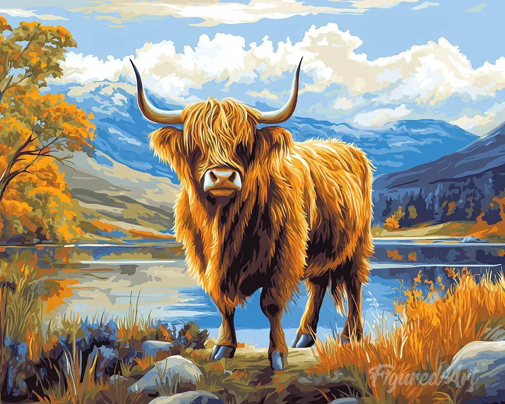 Broderie diamant Vache Highland lac doré