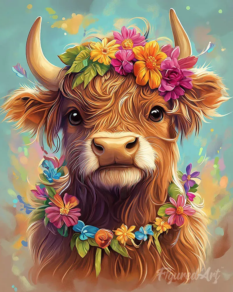 Broderie diamant vache Highland, reine du jardin en kit complet