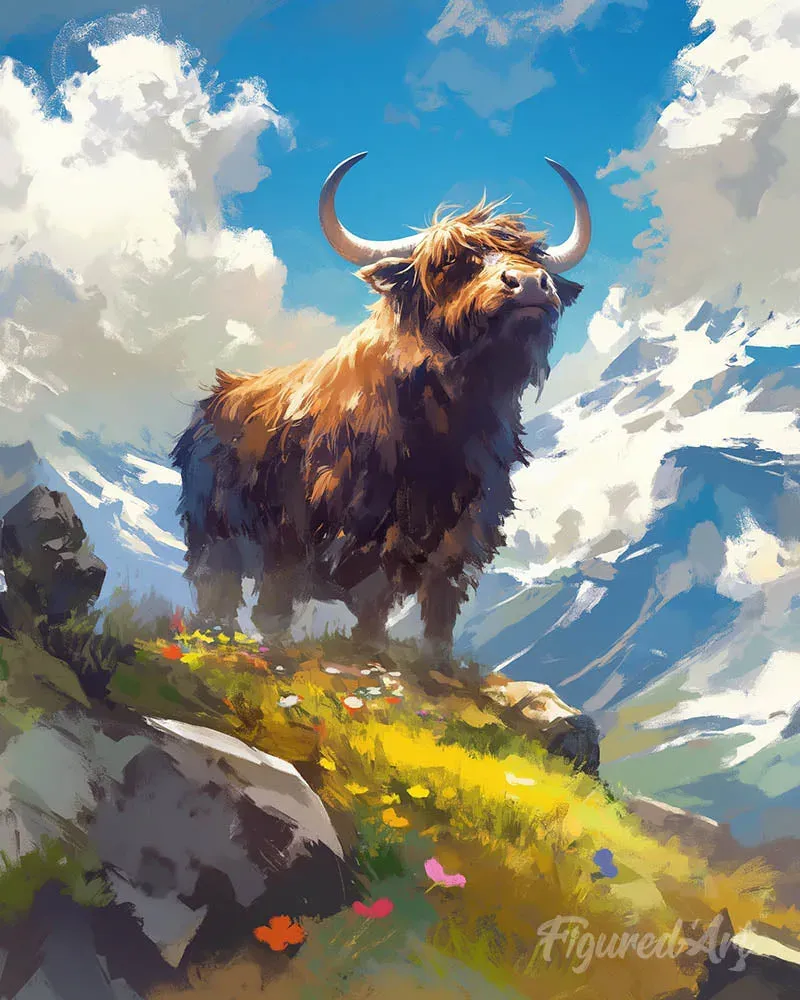Broderie diamant Vache Highland vue alpine