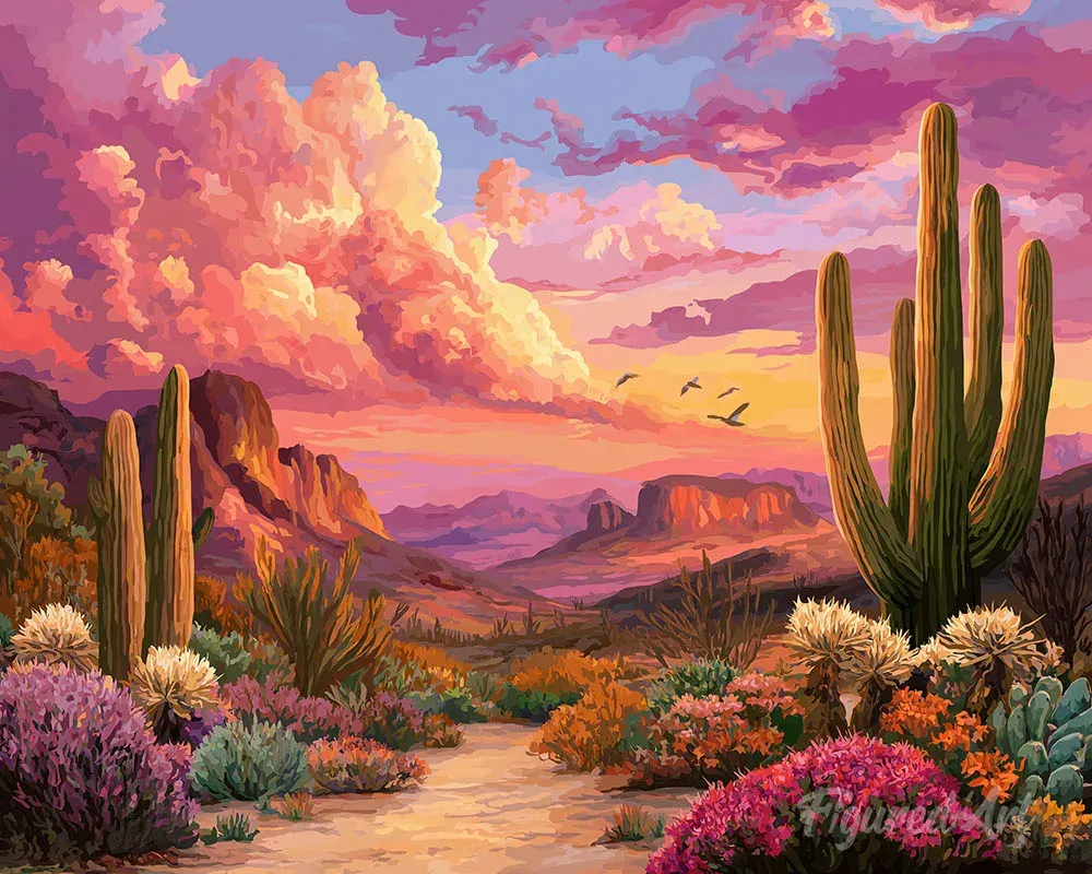 Broderie diamant Vallée des Cactus au Coucher du Soleil