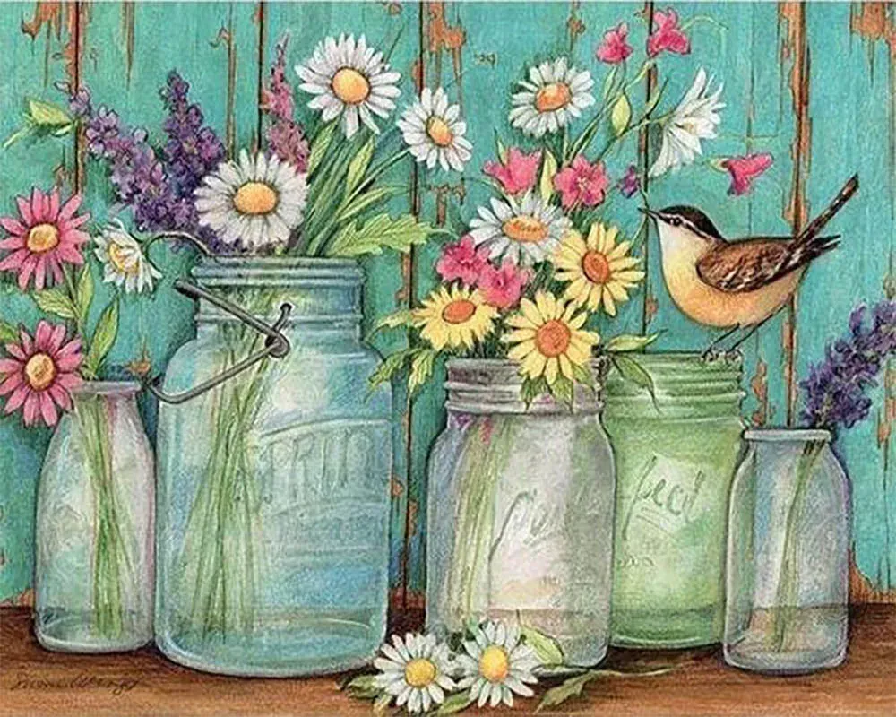 Broderie diamant Vases et Oiseau - Élégance naturelle en cuisine