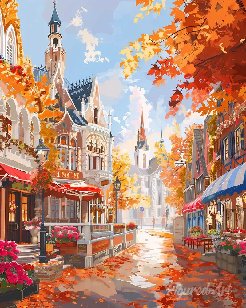 Broderie diamant Vieille ville en automne