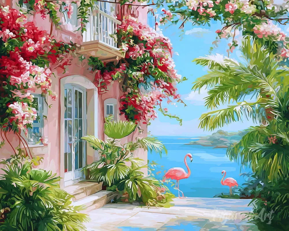 Broderie diamant Villa rose en bord de mer