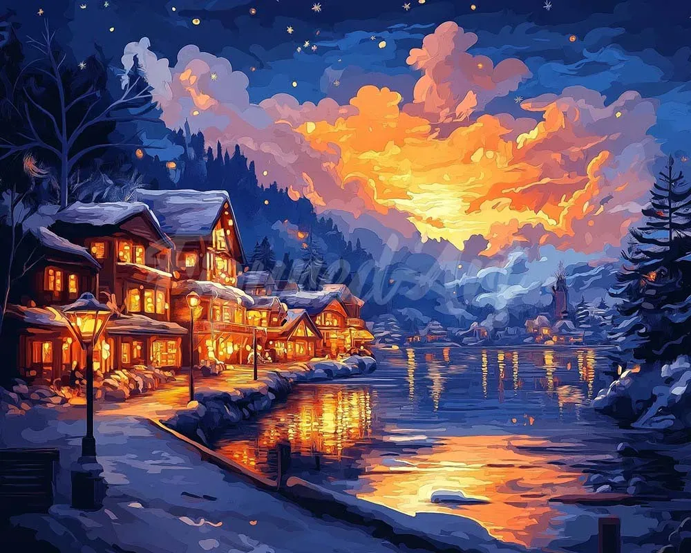 Broderie diamant Village au Bord du Lac Illuminé