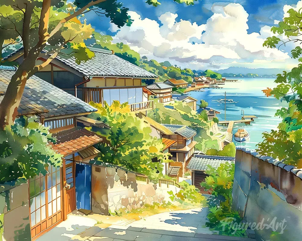 Broderie diamant Village Côtier au Japon - 40x50 cm