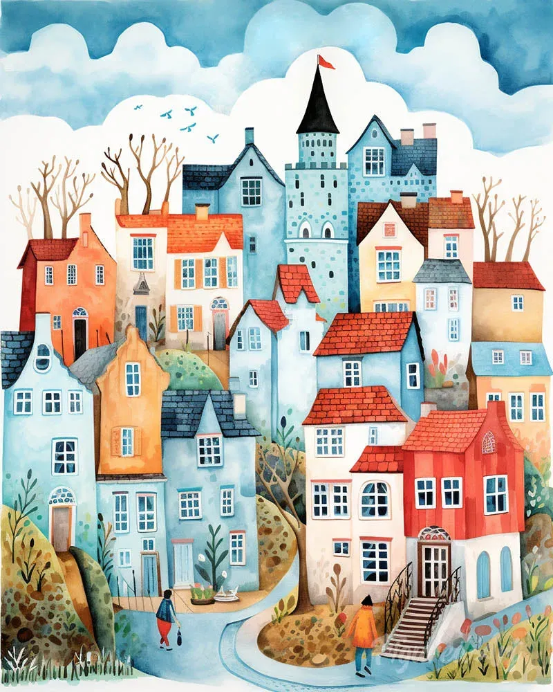 Broderie diamant Village enchanté bleu