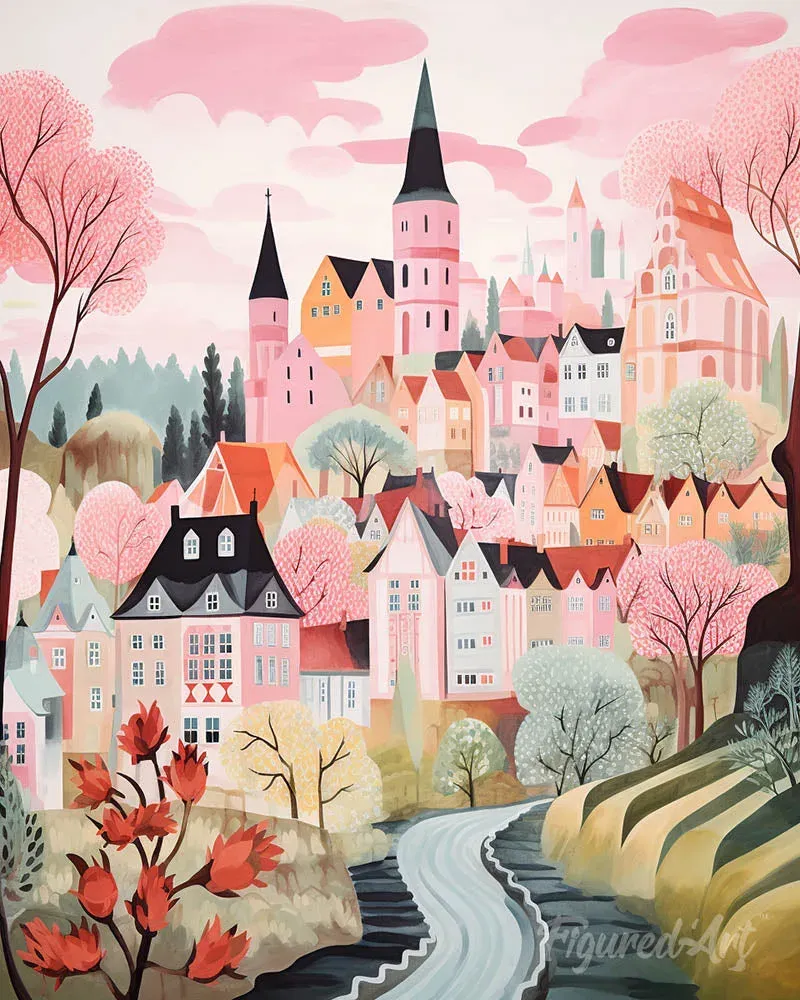 Broderie diamant Village enchanté rose