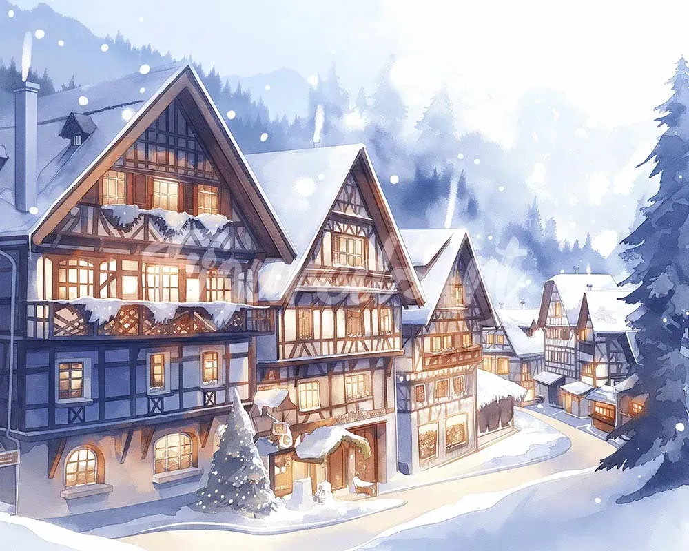 Broderie diamant Village Enneigé en Aquarelle