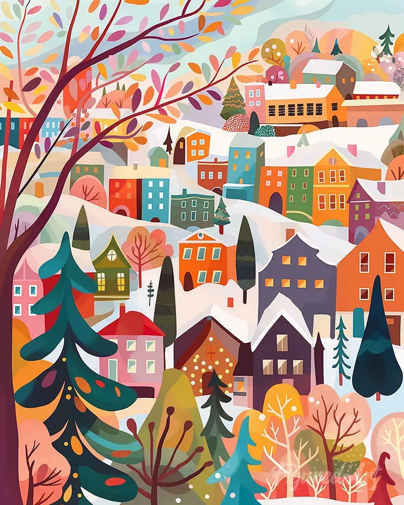 Broderie diamant Village Hivernal Coloré - Toile tendue sur châssis