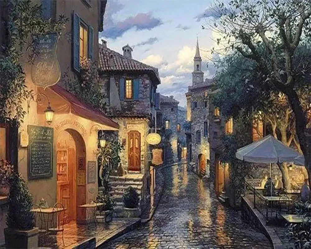 Broderie diamant Village sous la Pluie