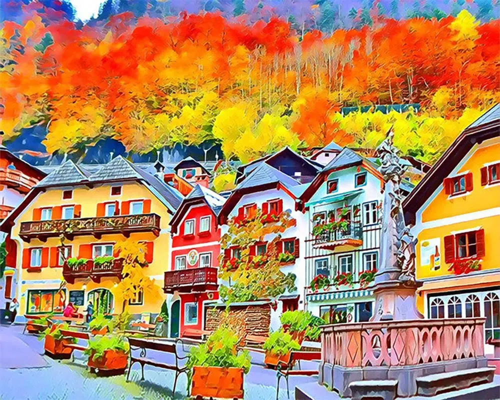 Broderie diamant Village Suisse coloré - 20x25 cm