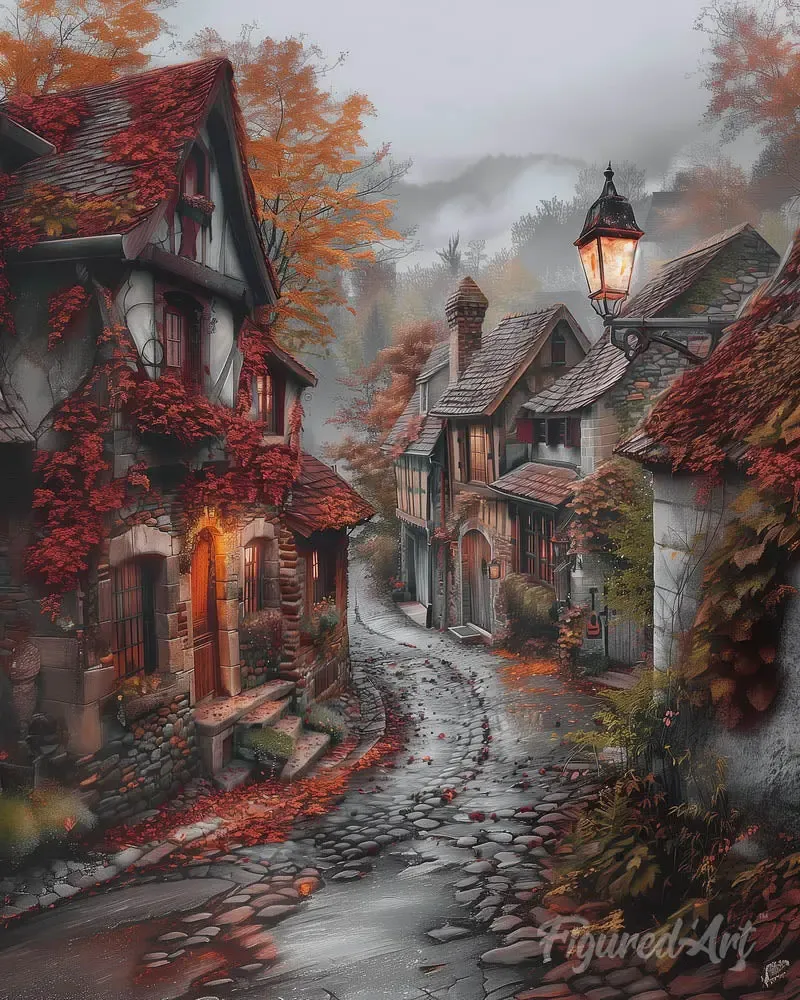 Broderie diamant Village tranquille en Automne