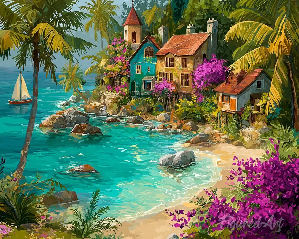 Broderie diamant Village Tropical en Bord de Mer