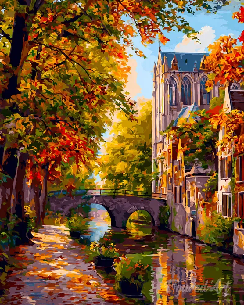 Broderie diamant Ville au bord de l'eau en automne