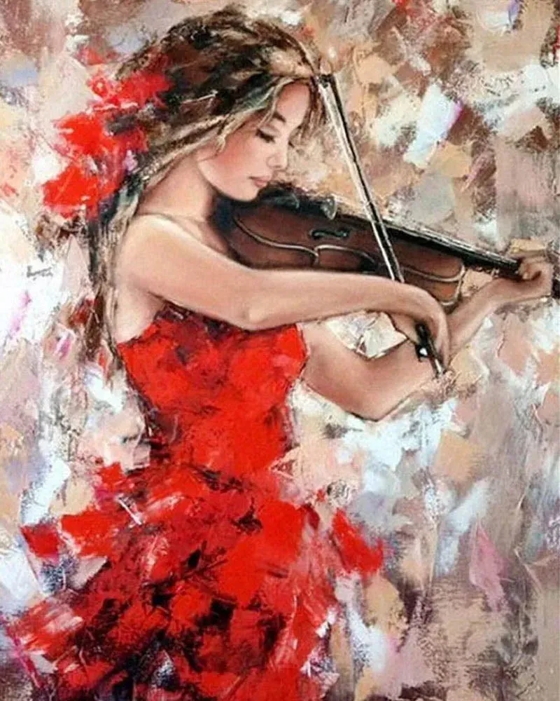 Broderie diamant Violoniste et Robe rouge