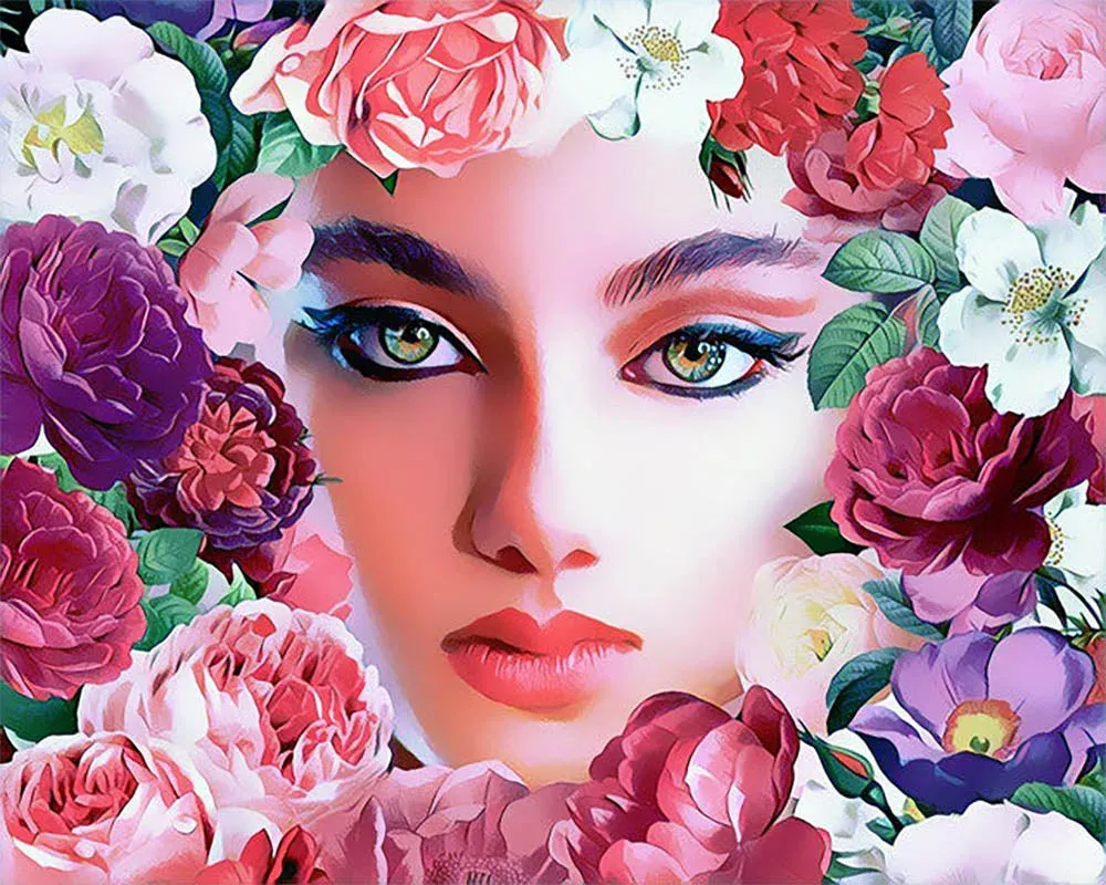 Broderie diamant Visage et Fleurs - 40x50 cm