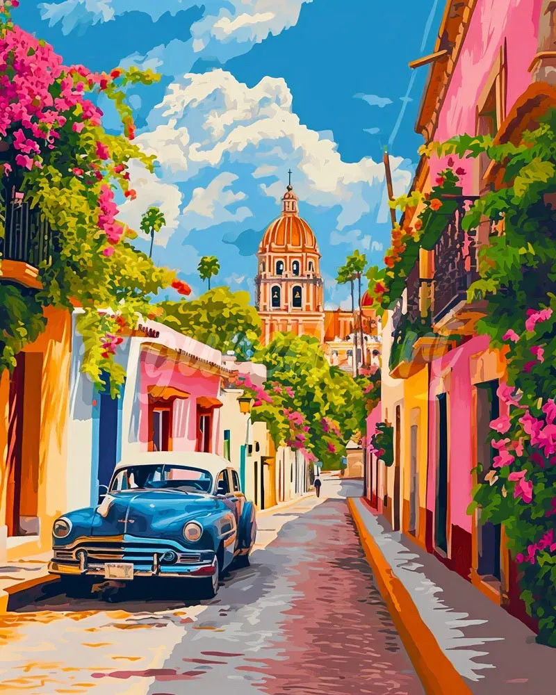 Broderie diamant Voiture classique à Mexico - 20x25 cm