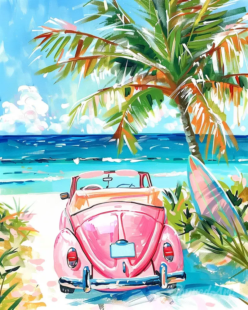 Broderie diamant Voiture rose près de la mer - 40x50 cm