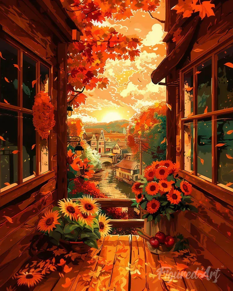 Broderie diamant Vue de balcon en Automne
