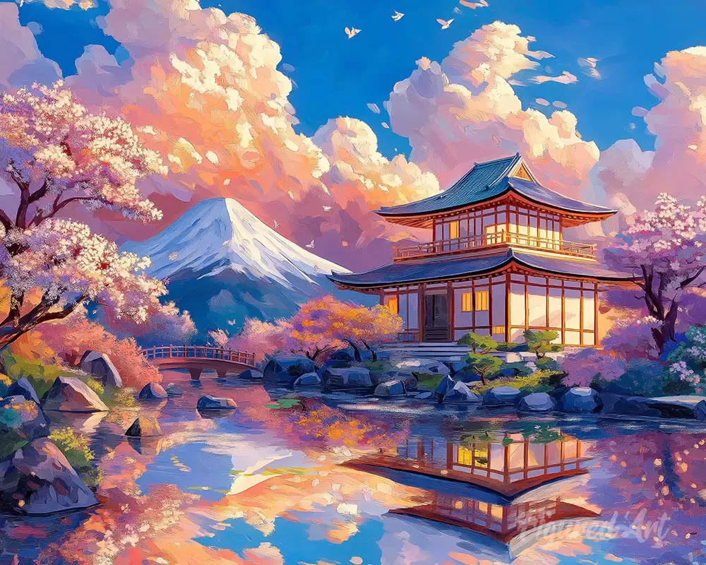 Broderie diamant Vue du Temple avec le Mont Fuji
