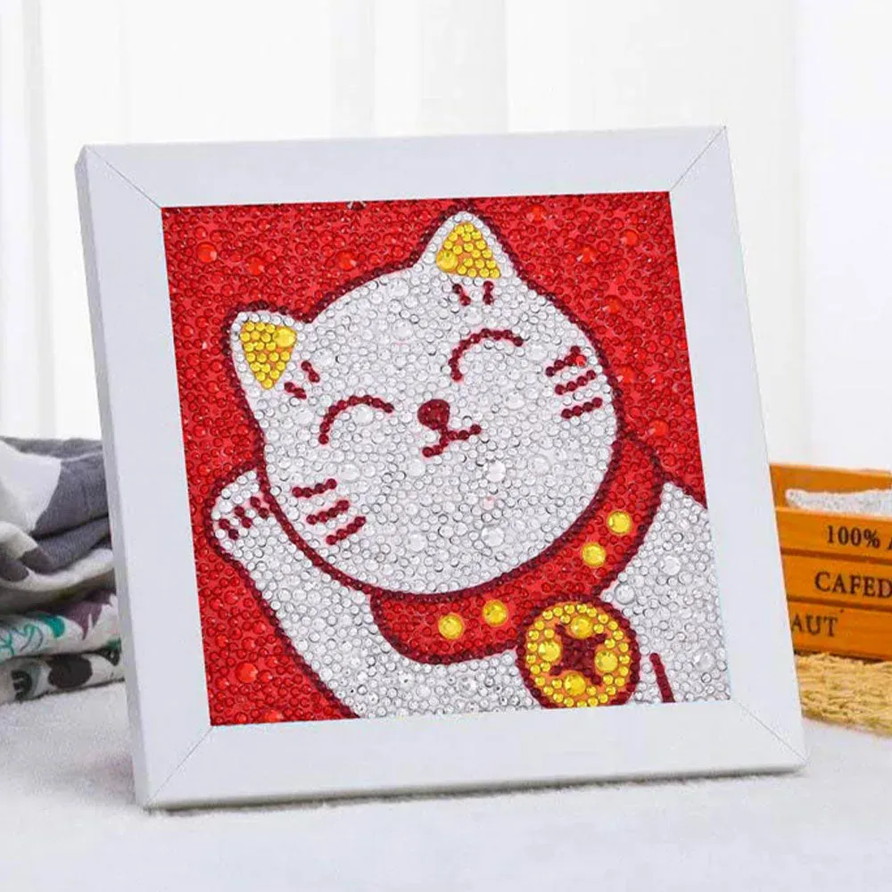 Broderie diamant enfant : Chat avec cadre photo intégré 18x18 cm