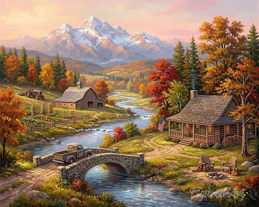 Broderie diamant Automne au Bord de la Rivière