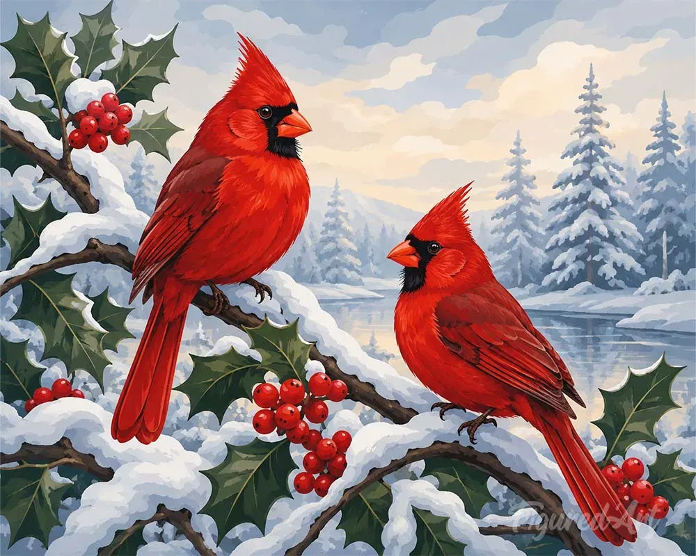 Broderie diamant Cardinaux d'hiver - Oiseaux hivernaux en résine scintillante