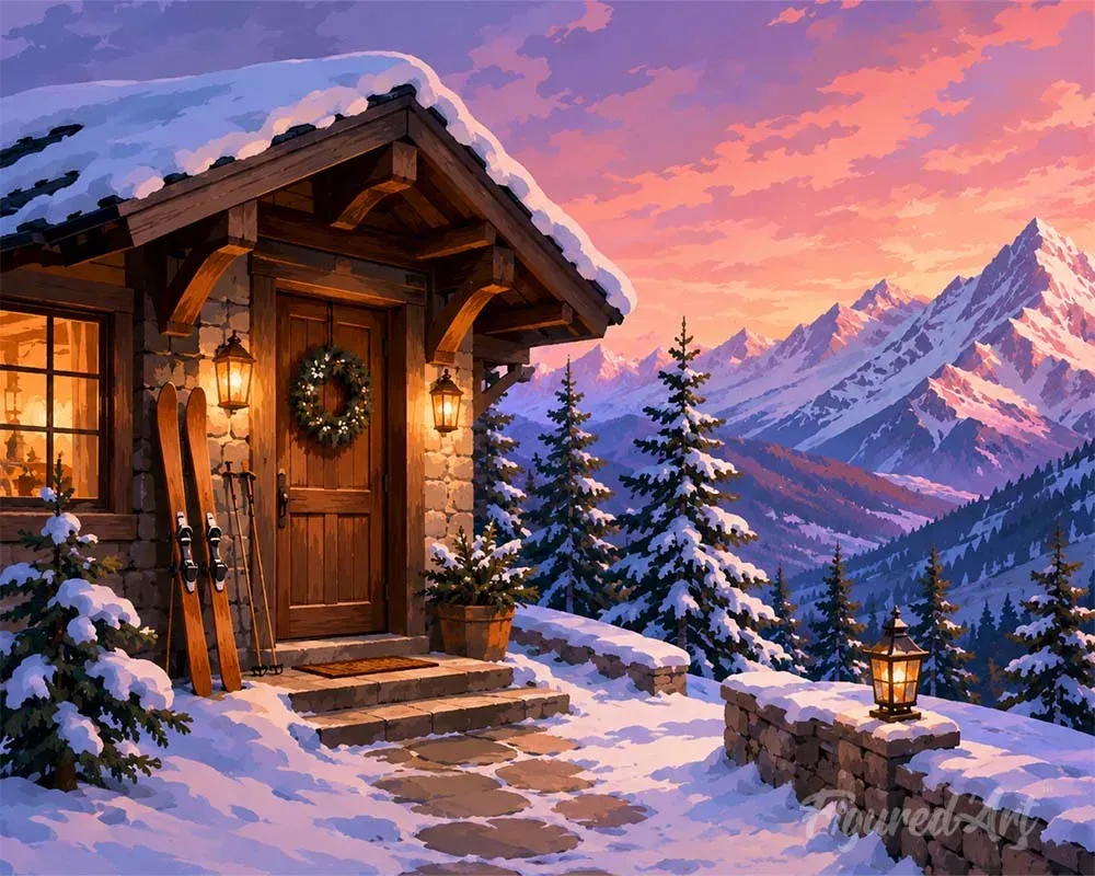 Broderie diamant Chalet d'hiver chaleureux