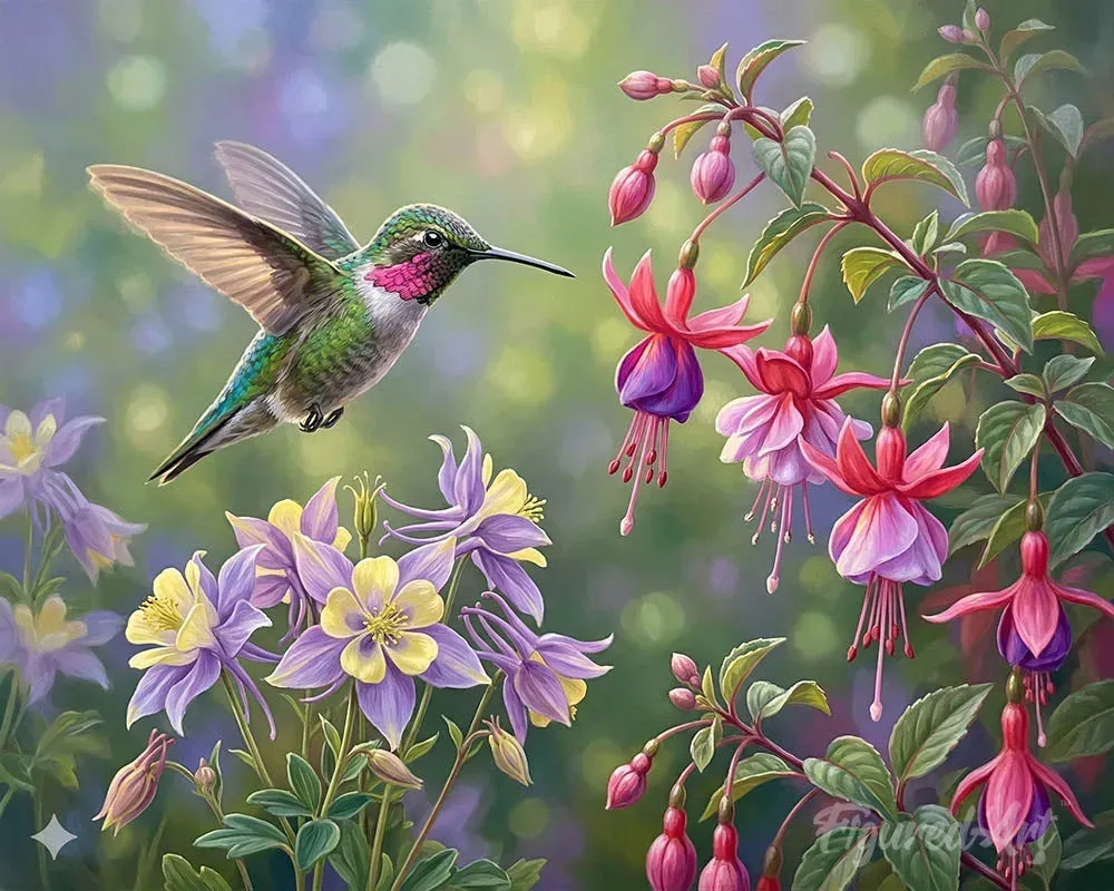 Chuchotements du Colibri - Broderie diamant fleurs et oiseau en vol