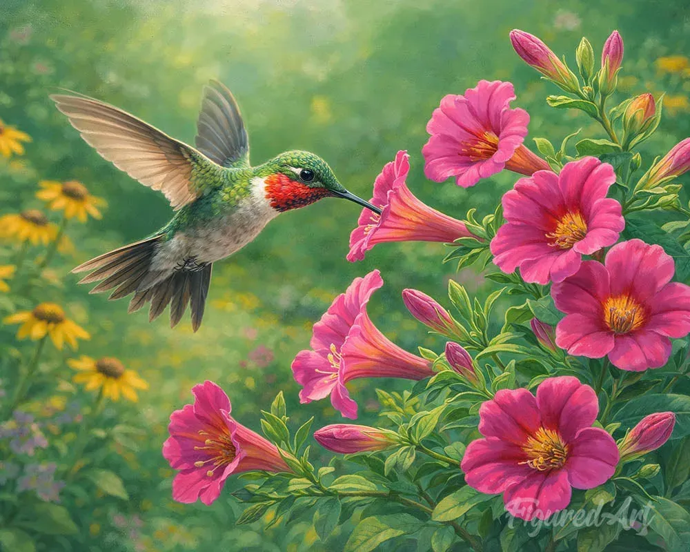 Colibri parmi les fleurs - Broderie diamant Mille Facettes