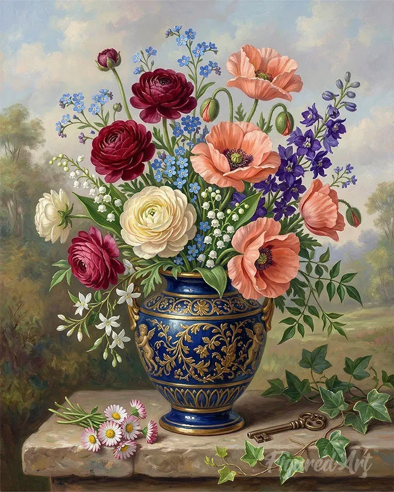Broderie diamant Fleurs dans un Vase Bleu