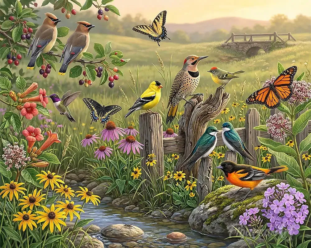 Harmonie des Fleurs Sauvages : diamond painting fleurs et oiseaux en paysage