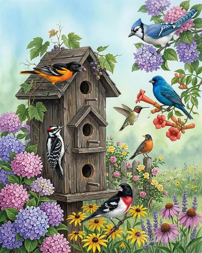 Broderie diamant Jardin aux Nichoirs - Oiseaux et fleurs en relief