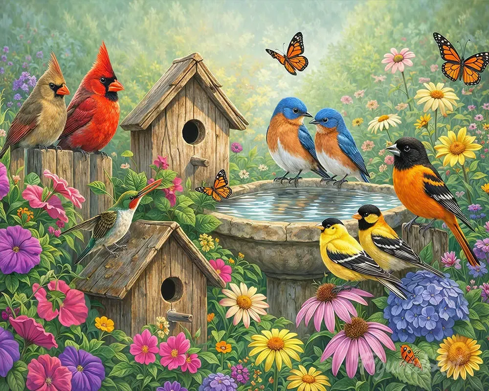 Broderie diamant Jardin du Chant des Oiseaux - Fleurs et oiseaux en résine
