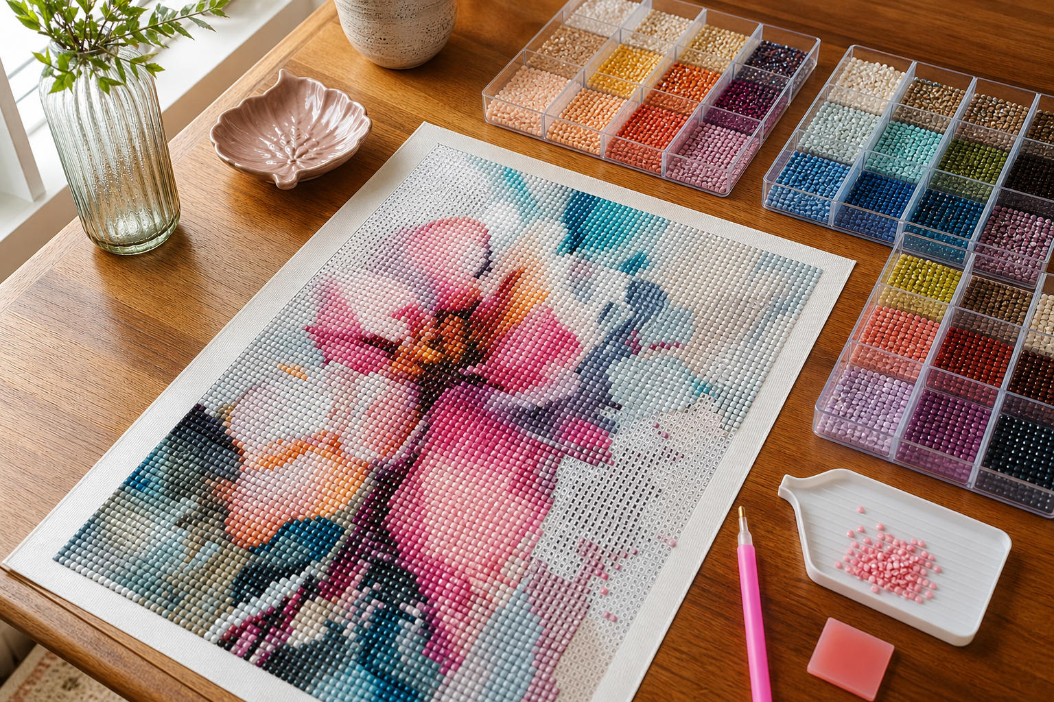 Le diamond painting kit complet réunit toile, strass et outils