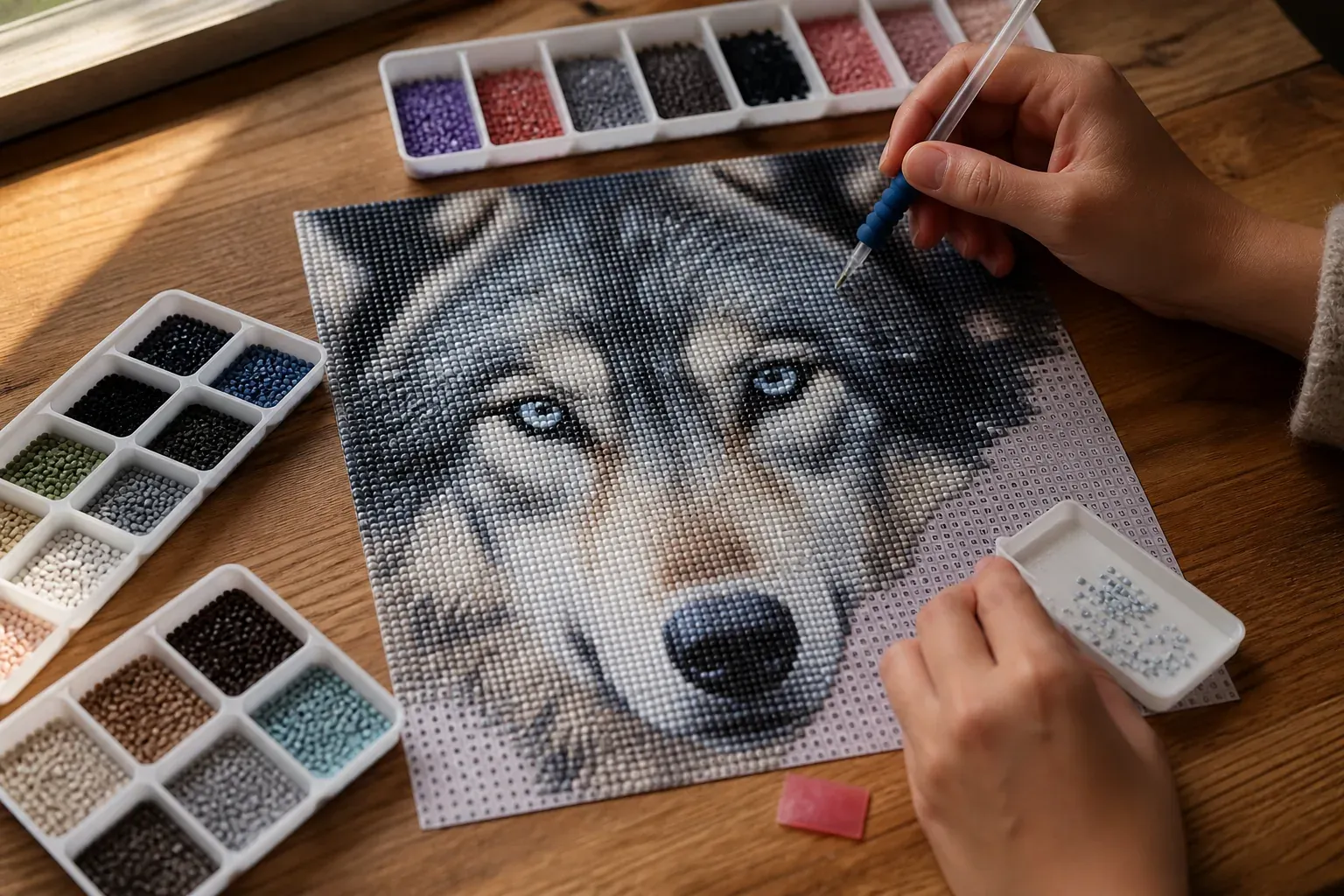 Le diamond painting loup révèle ses détails sur la toile