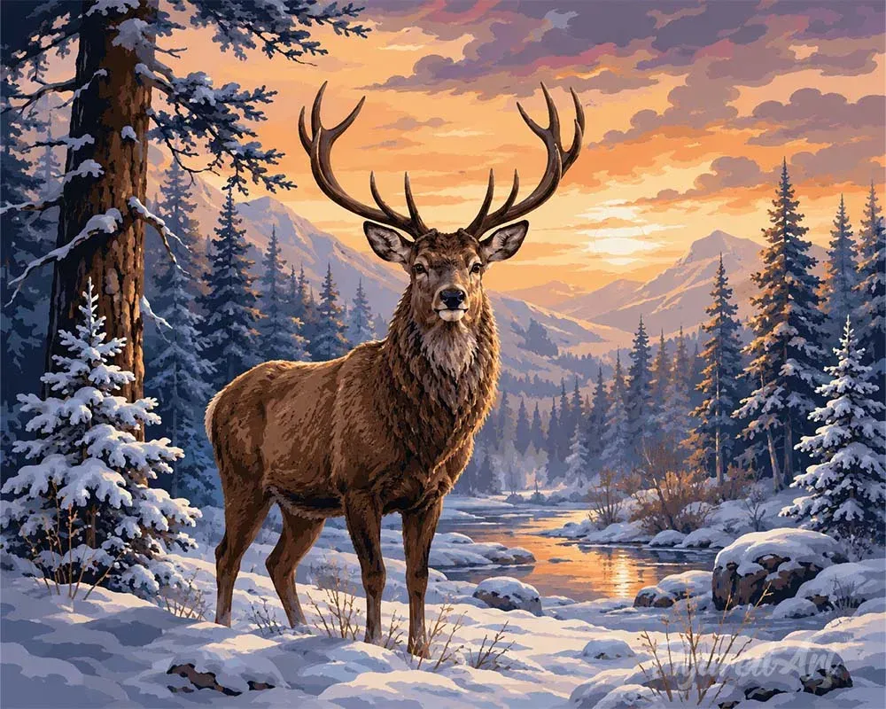 Broderie diamant - Majestueux cerf d'hiver en forêt enneigée