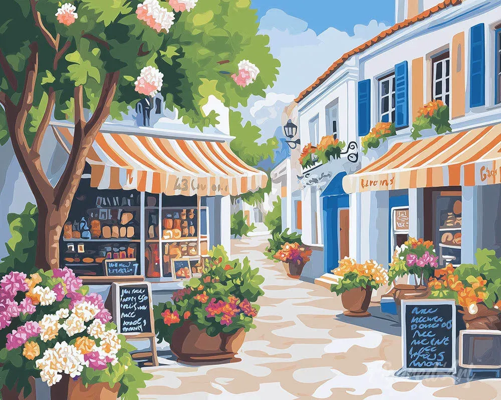 Broderie diamant Rue des Fleurs Ensoleillée