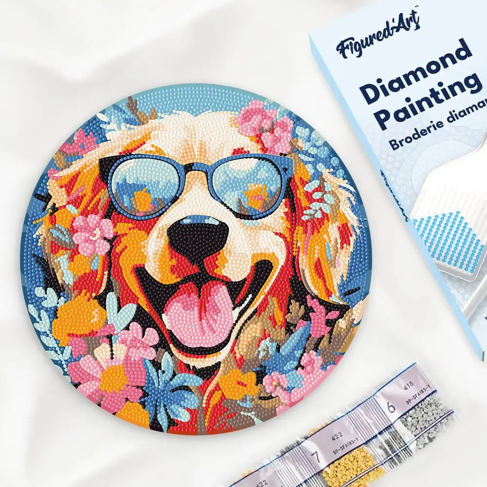 Broderie diamant sur Disque en Bois - Chiot fantaisie et des fleurs