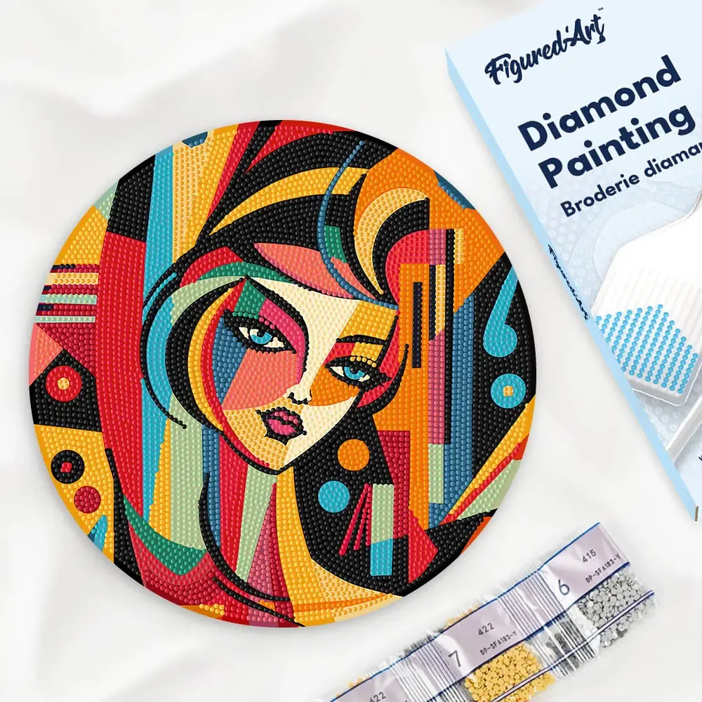 Broderie diamant sur Disque en Bois - Femme abstraite style Picasso