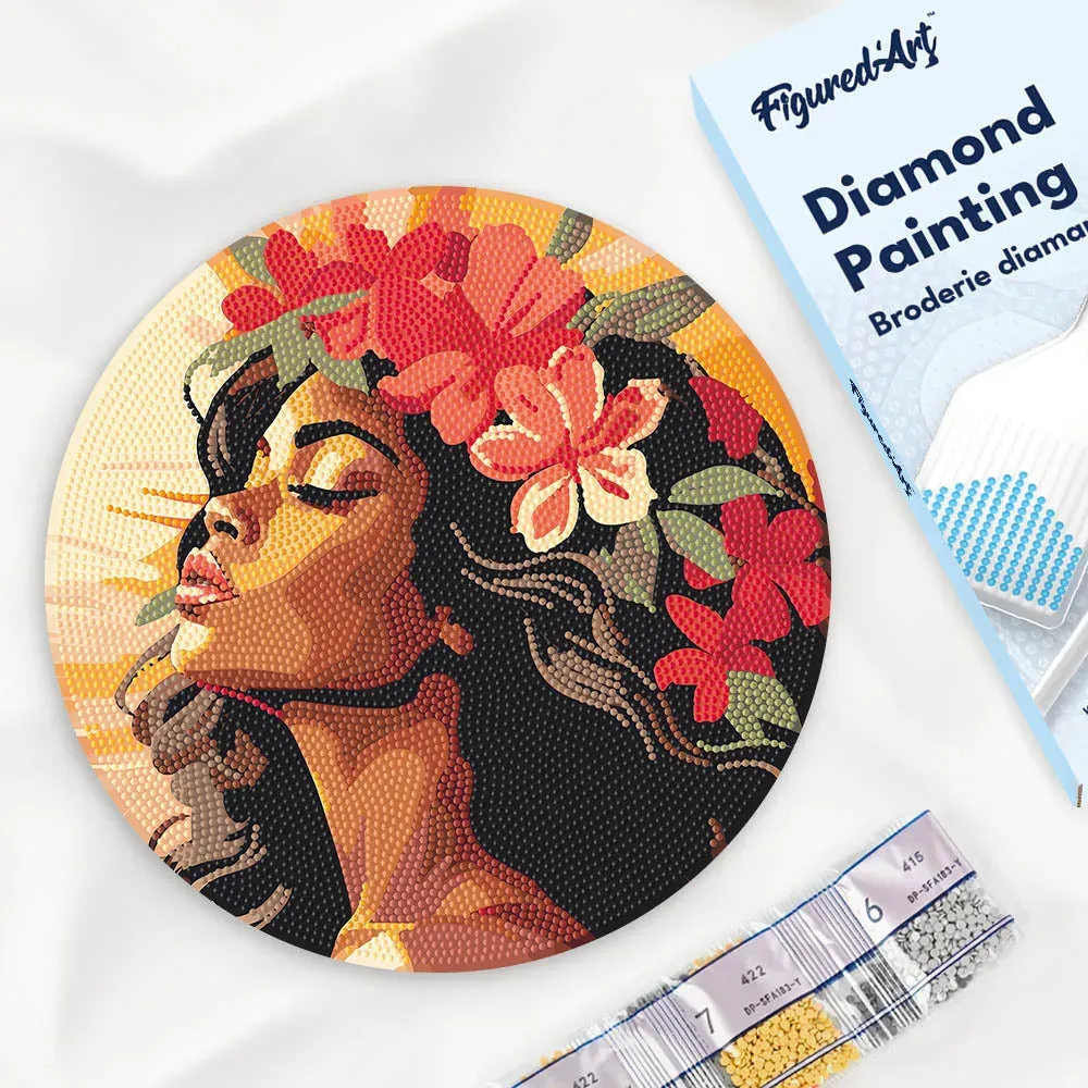 Broderie diamant sur Disque en Bois - Femme florale